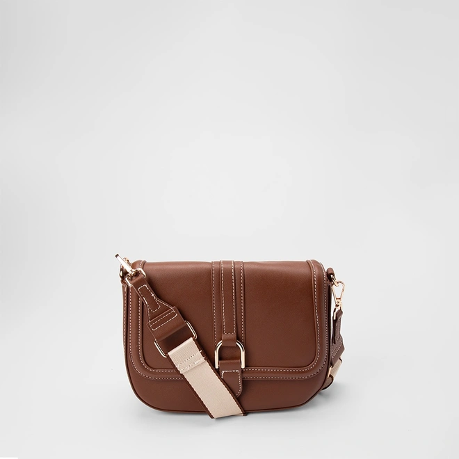 Bolsa Transversal Gabriela Média Enfeite Fivela Pespontos Marrom