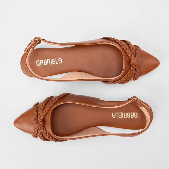 Sapatilha Slingback Feminina Gabriela Detalhe Nó Tressê Caramelo