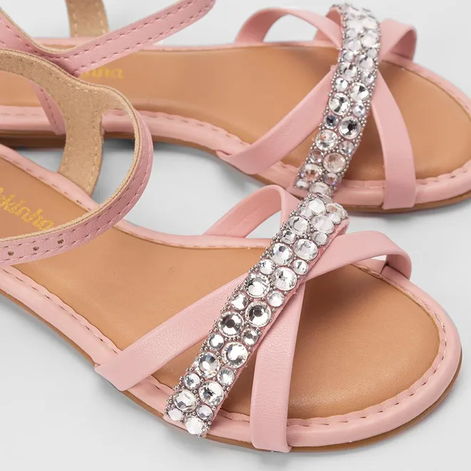 Sandália Infantil Molekinha Tiras Cruzadas Detalhe Pedraria Rosa