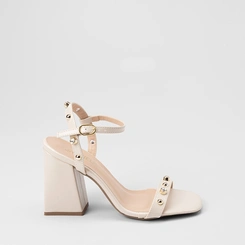 Sandália Feminina Gabriela Salto Alto Detalhe Tachas & Pedraria Off White