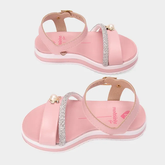Sandália Infantil Molekinha Flatform Gatinho Pérola Tira Em Strass Rosa