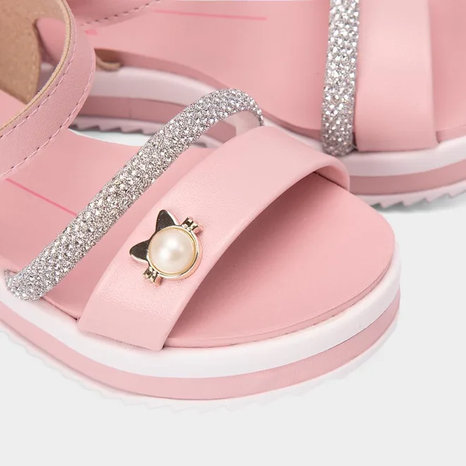 Sandália Infantil Molekinha Flatform Gatinho Pérola Tira Em Strass Rosa