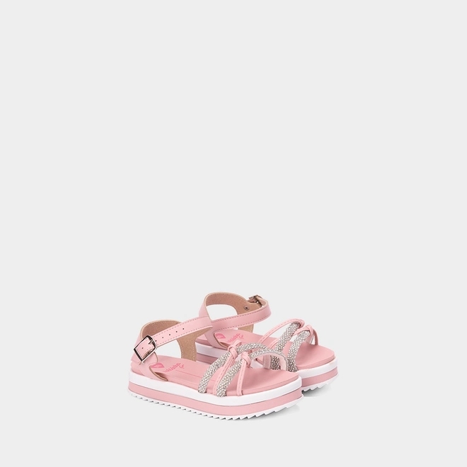 Sandália Infantil Molekinha Flatform Tiras Cruzadas Detalhe Nó & Strass Rosa
