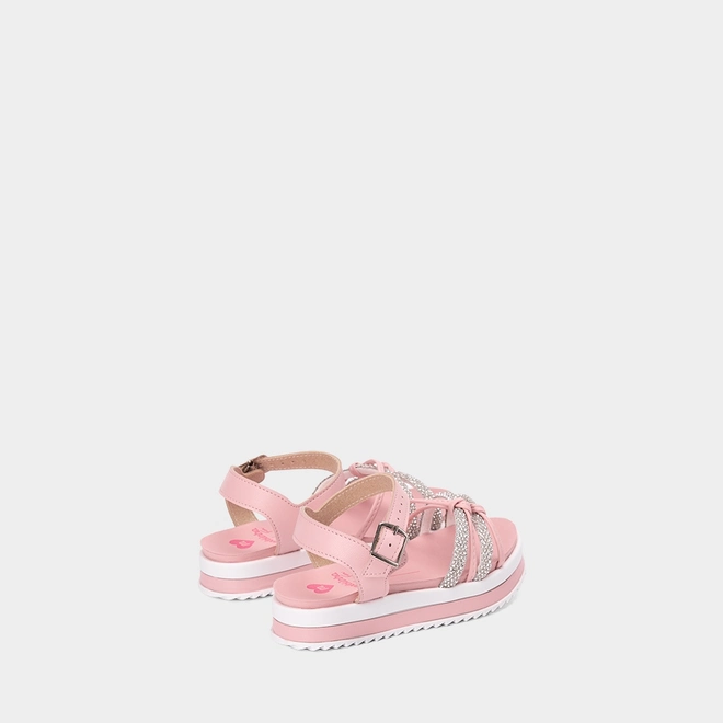 Sandália Infantil Molekinha Flatform Tiras Cruzadas Detalhe Nó & Strass Rosa