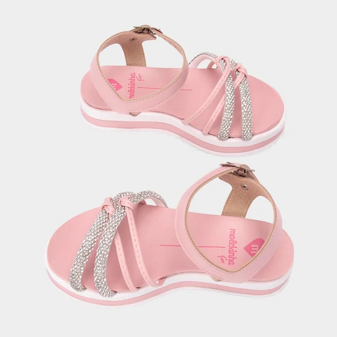 Sandália Infantil Molekinha Flatform Tiras Cruzadas Detalhe Nó & Strass Rosa