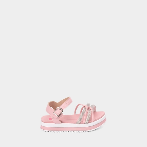 Sandália Infantil Molekinha Flatform Tiras Cruzadas Detalhe Nó & Strass Rosa
