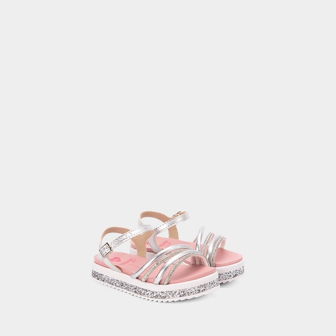 Sandália Infantil Molekinha Flatform Em Glitter Multitiras Metalizada Prata