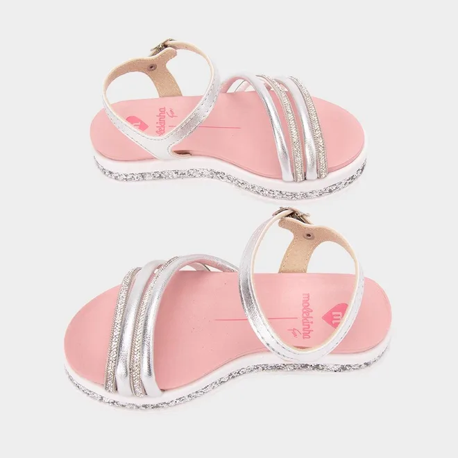 Sandália Infantil Molekinha Flatform Em Glitter Multitiras Metalizada Prata