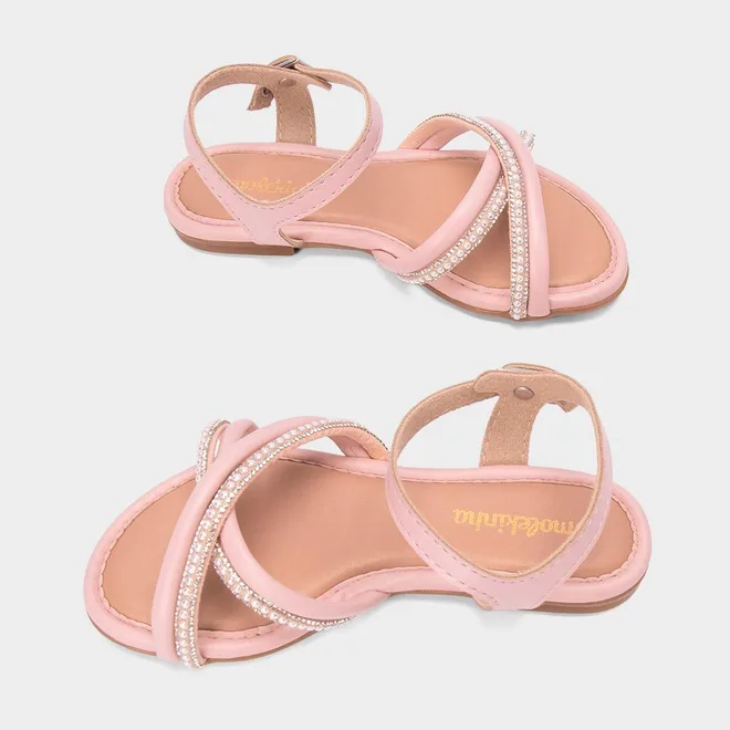 Sandália Infantil Molekinha Multitiras Cruzadas Detalhe Pérolas Rosa