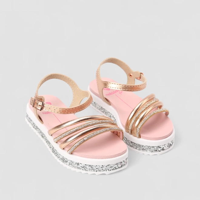 Sandália Infantil Molekinha Metalizada Tiras Strass Glitter Ouro