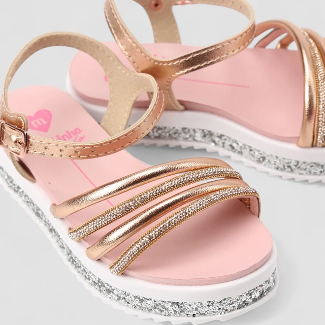 Sandália Infantil Molekinha Metalizada Tiras Strass Glitter Ouro