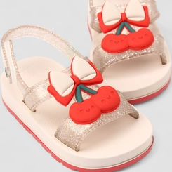 Sandália Infantil Zaxy Enfeite Laço & Cereja Glitter Off White