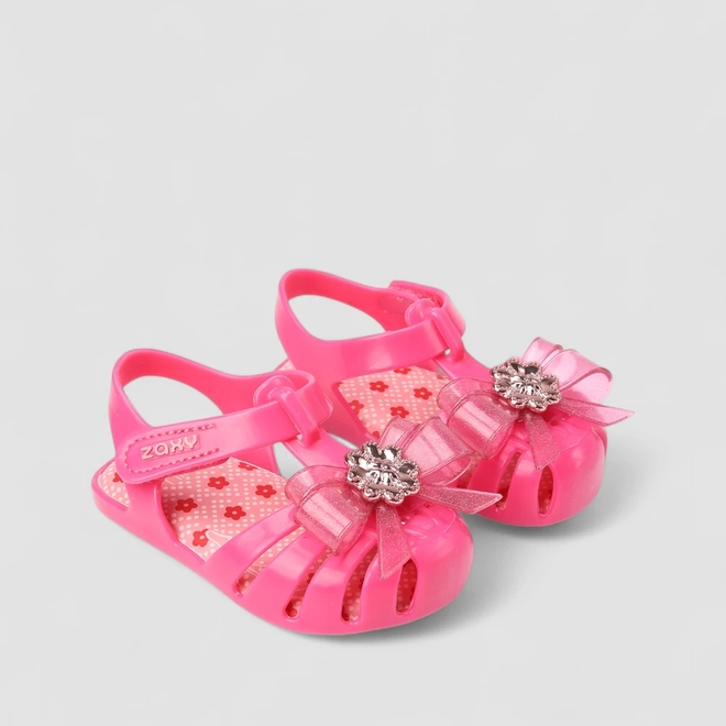 Sandália Aranha Infantil Zaxy Detalhe Laço & Flor Glitter Rosa