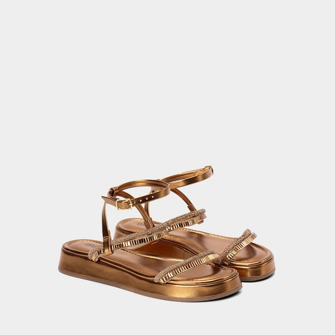 Sandália Feminina Gabriela Flatform Detalhe Strass Metalizado Bronze