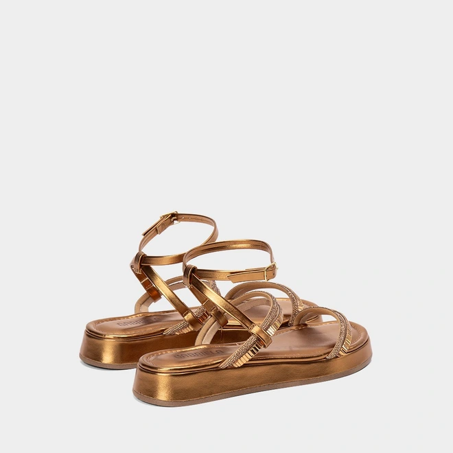 Sandália Feminina Gabriela Flatform Detalhe Strass Metalizado Bronze