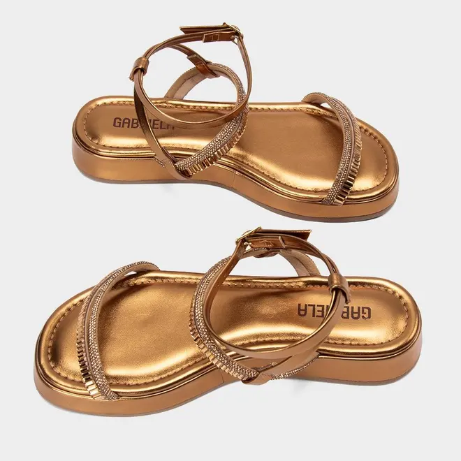 Sandália Feminina Gabriela Flatform Detalhe Strass Metalizado Bronze
