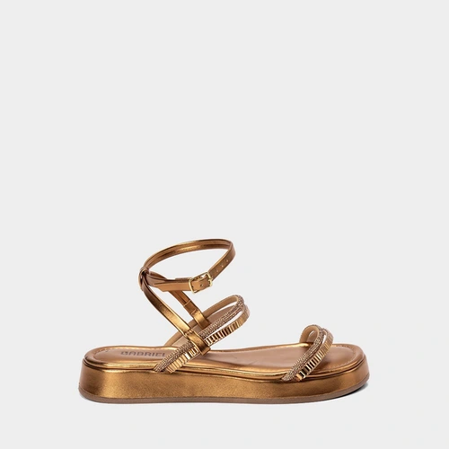 Sandália Feminina Gabriela Flatform Detalhe Strass Metalizado Bronze