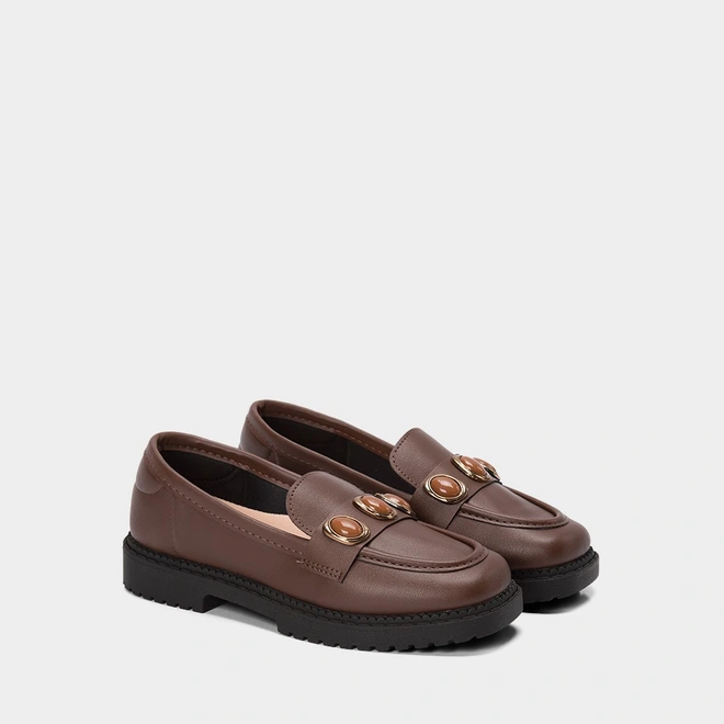 Mocassim Loafer Feminino Moleca Detalhe Pedraria Marrom