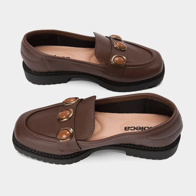 Mocassim Loafer Feminino Moleca Detalhe Pedraria Marrom