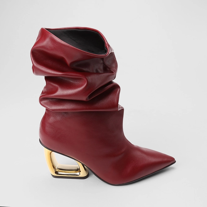 Bota Slouchy Feminina Gabriela Drapeada Cano Médio Salto Estilizado Vinho