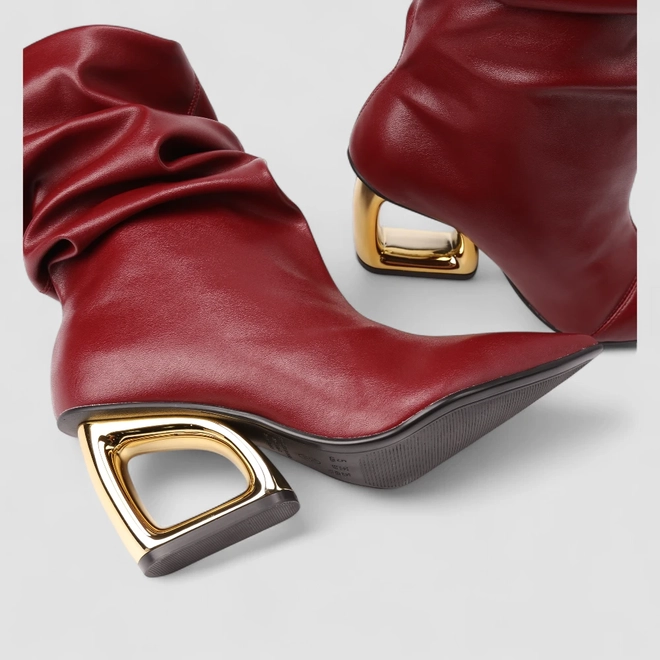 Bota Slouchy Feminina Gabriela Drapeada Cano Médio Salto Estilizado Vinho