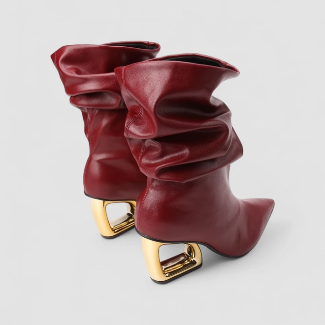 Bota Slouchy Feminina Gabriela Drapeada Cano Médio Salto Estilizado Vinho