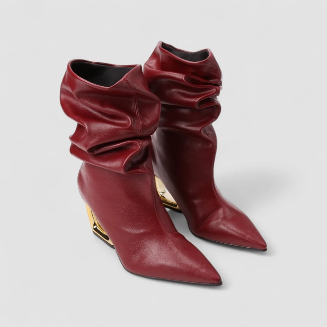 Bota Slouchy Feminina Gabriela Drapeada Cano Médio Salto Estilizado Vinho