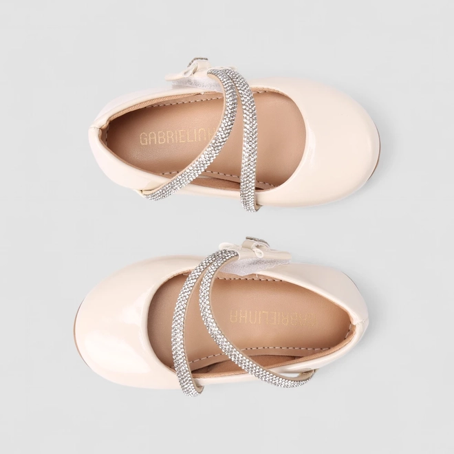 Sapatilha Boneca Bebê Gabrielinha Tiras Dupla Strass Verniz Off White