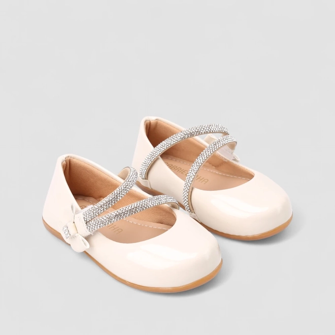 Sapatilha Boneca Bebê Gabrielinha Tiras Dupla Strass Verniz Off White