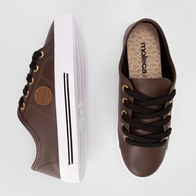 Tênis Casual Feminino Moleca Listras Pespontos Marrom