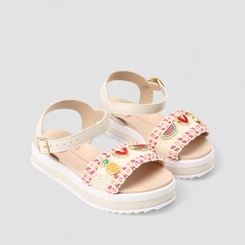 Sandália Infantil Molekinha Ráfia Tira Larga Aplicações Decoradas Off White