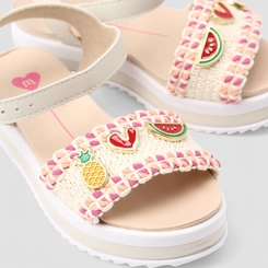 Sandália Infantil Molekinha Ráfia Tira Larga Aplicações Decoradas Off White