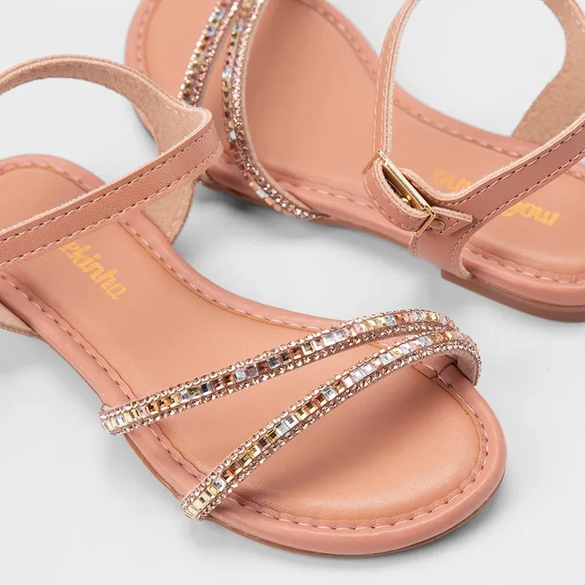 Sandália Infantil Molekinha Tiras Em Strass & Pedraria Nude
