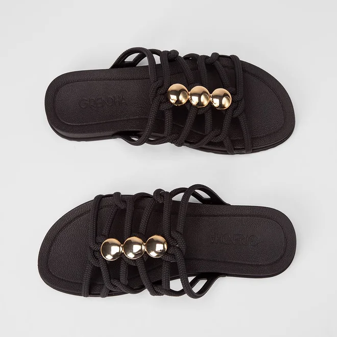 Rasteira Feminina Grendha Multitiras Detalhe Esferas Preto