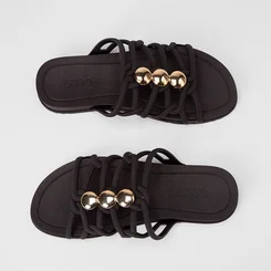 Rasteira Feminina Grendha Multitiras Detalhe Esferas Preto