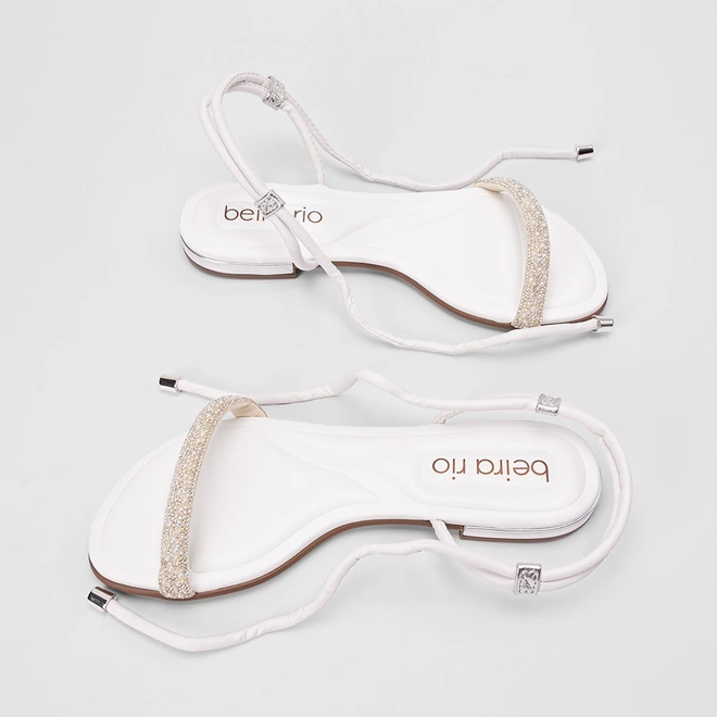 Sandália Feminina Beira Rio Amarração Strass & Pérola Branco