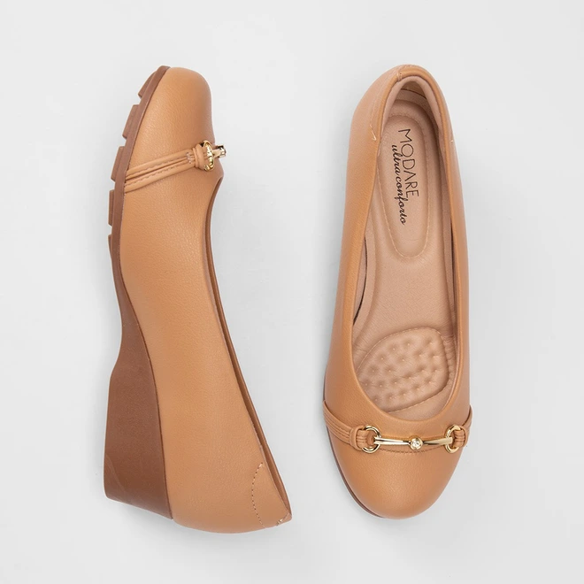 Mocassim Feminino Modare Ultraconforto Anabela Detalhe Fivela Bege