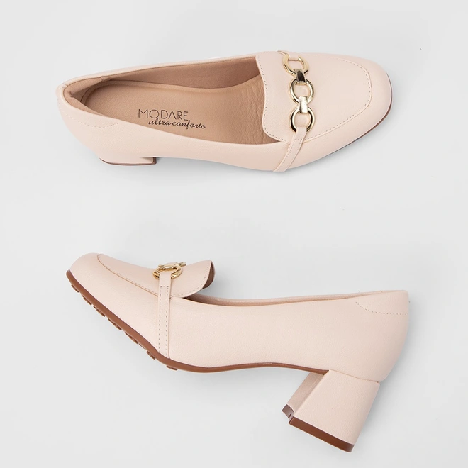 Scarpin Feminino Modare Ultraconforto Salto Bloco Detalhe Corrente Off White