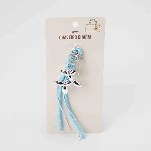 Chaveiro Charm STZ Cachorrinho Metalizado Prata com Laço Azul