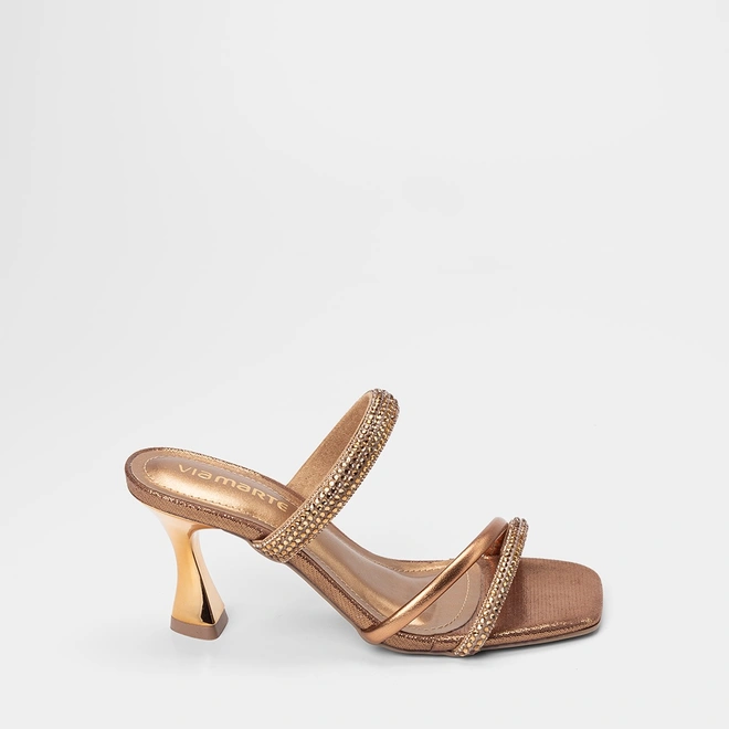 Tamanco Feminino Via Marte Salto Médio Flare Tiras Em Strass Bronze