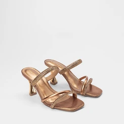 Tamanco Feminino Via Marte Salto Médio Flare Tiras Em Strass Bronze