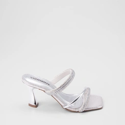 Tamanco Feminino Via Marte Salto Médio Flare Tiras Em Strass Prata