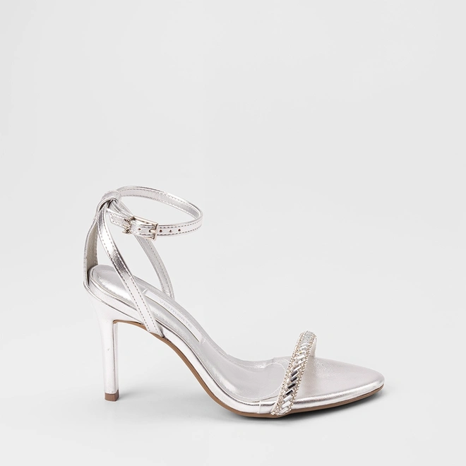 Sandália Feminina Via Marte Salto Alto Detalhe Strass Metalizado Prata