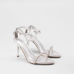 Sandália Feminina Via Marte Salto Alto Detalhe Strass Metalizado Prata