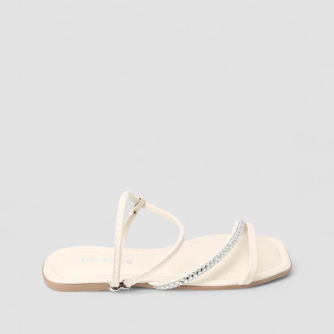 Sandália Rasteira Feminina Penélope Tira Strass Off White