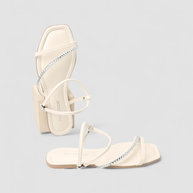 Sandália Rasteira Feminina Penélope Tira Strass Off White