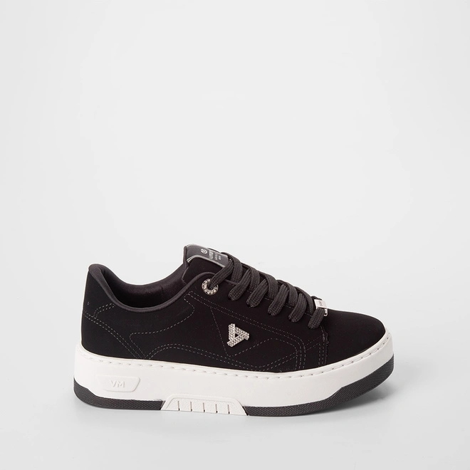 Tênis Casual Feminino Via Marte Nobuck Aplicação Ilhós Strass Preto
