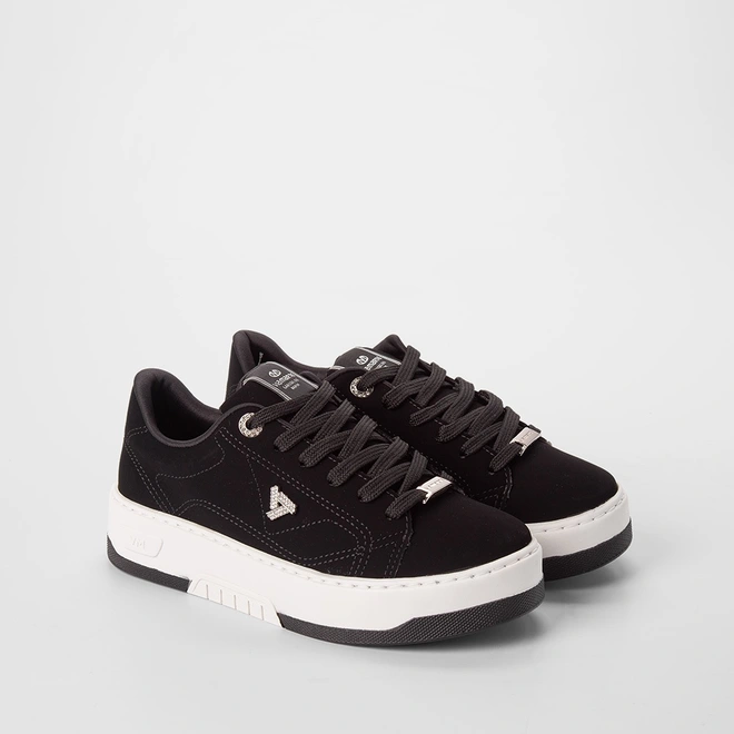 Tênis Casual Feminino Via Marte Nobuck Aplicação Ilhós Strass Preto