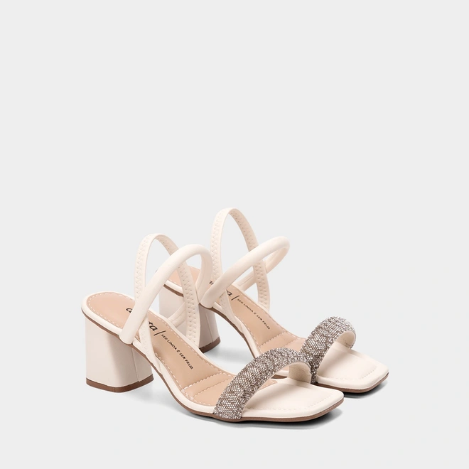 Sandália Feminina Dakota Salto Bloco Médio Tira Strass Off White