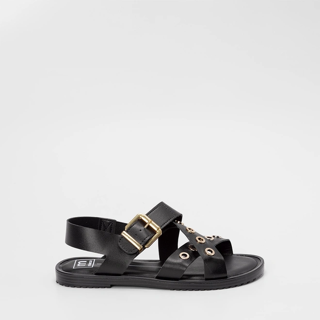 Sandália Rasteira Feminina Moleca Tiras Cruzadas Detalhe Ilhós Preto
